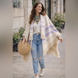 Handmade Peruvian Alpaca Shawl Cardigan Fringe Wrap Poncho Boho Luxe Full Button